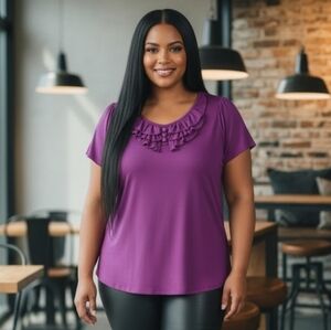 Lane Bryant Purple Short Sleeve Ruffled Front Top